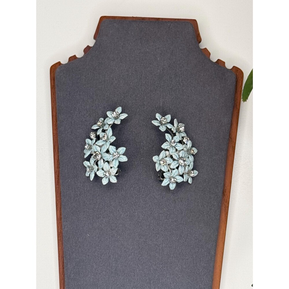 Vintage Coro Blue Enamel Flower Rhinestone Earrings | 1950s Floral Clip Ons - Picture 8 of 10